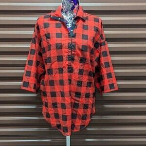 Vintage Ardmore Grunge 90s Y2K Red Black Plaid 1/2 Button Tunic Blouse‎ - Size L